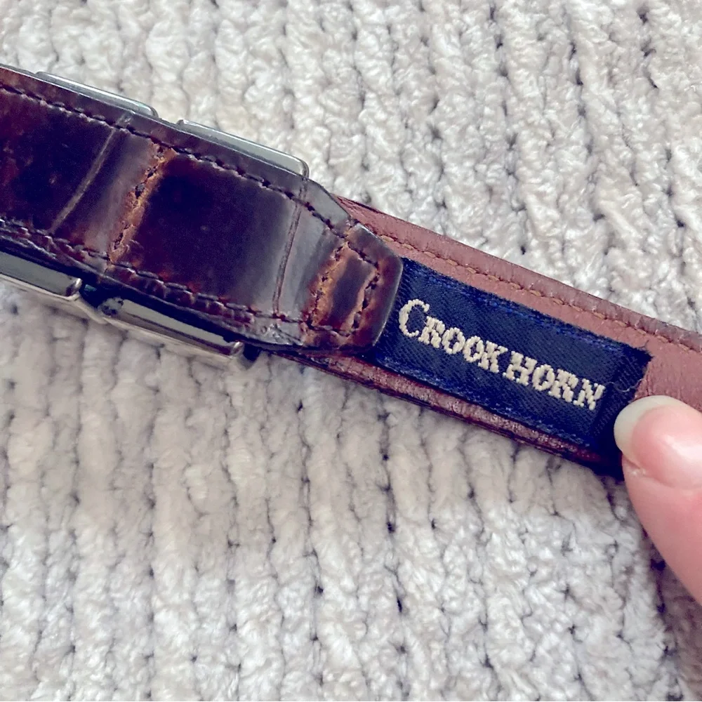 Vintage Crook Horn Bella Croc Brown Leather Belt‎ Size 34 Handmade USA 90s Y2K